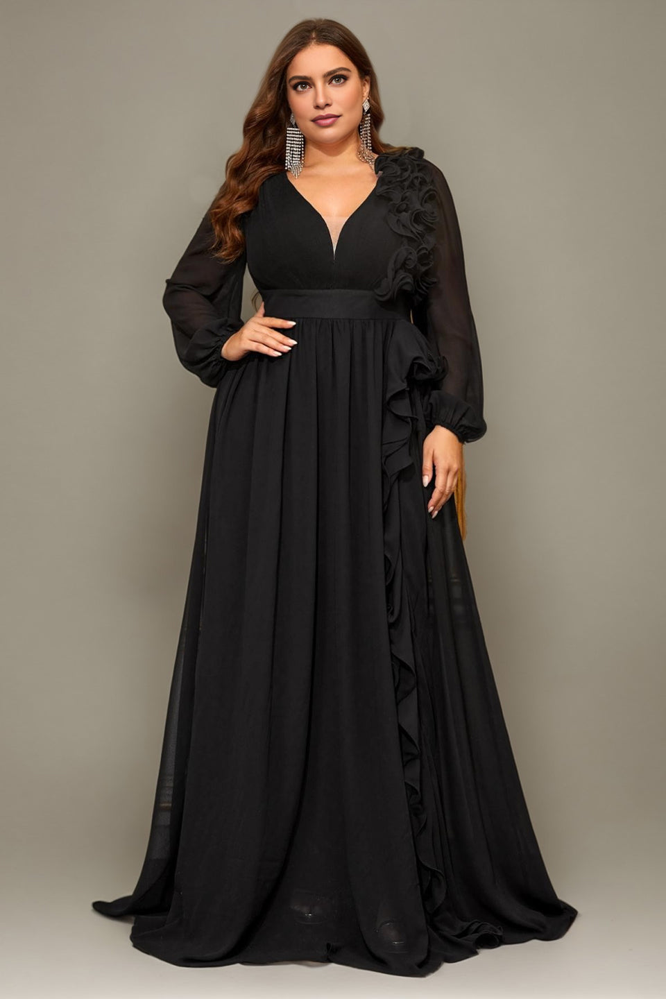 Curveins Plus Size V-Neck Chiffon Maxi Dress with Floral Lantern Sleeves 12/L / Black