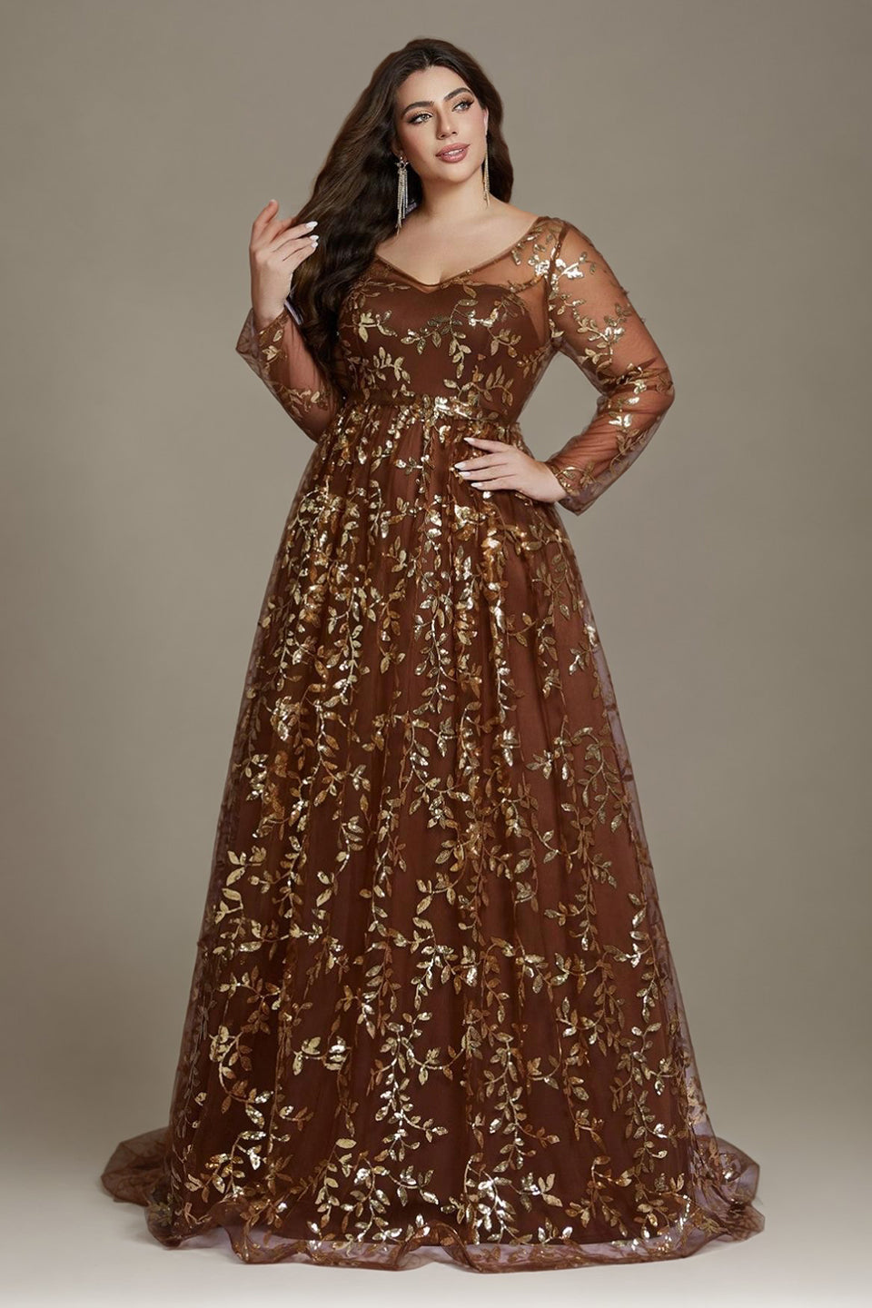 Curveins Plus Size Elegant V-Neck Sequin Floral Long-Sleeve Fitted Maxi Dress