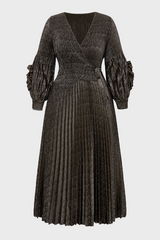 Curveins Plus Size V-Neck Long Sleeve Waist Tie Pleated Maxi Dress