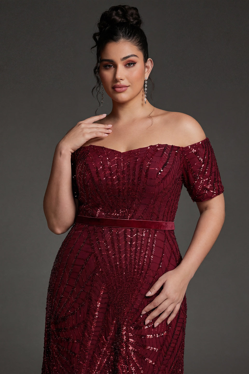 Curveins Plus Size Off-Shoulder Waist Cinched Striped Sequin Maxi Evening Dress