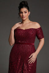 Curveins Plus Size Off-Shoulder Waist Cinched Striped Sequin Maxi Evening Dress