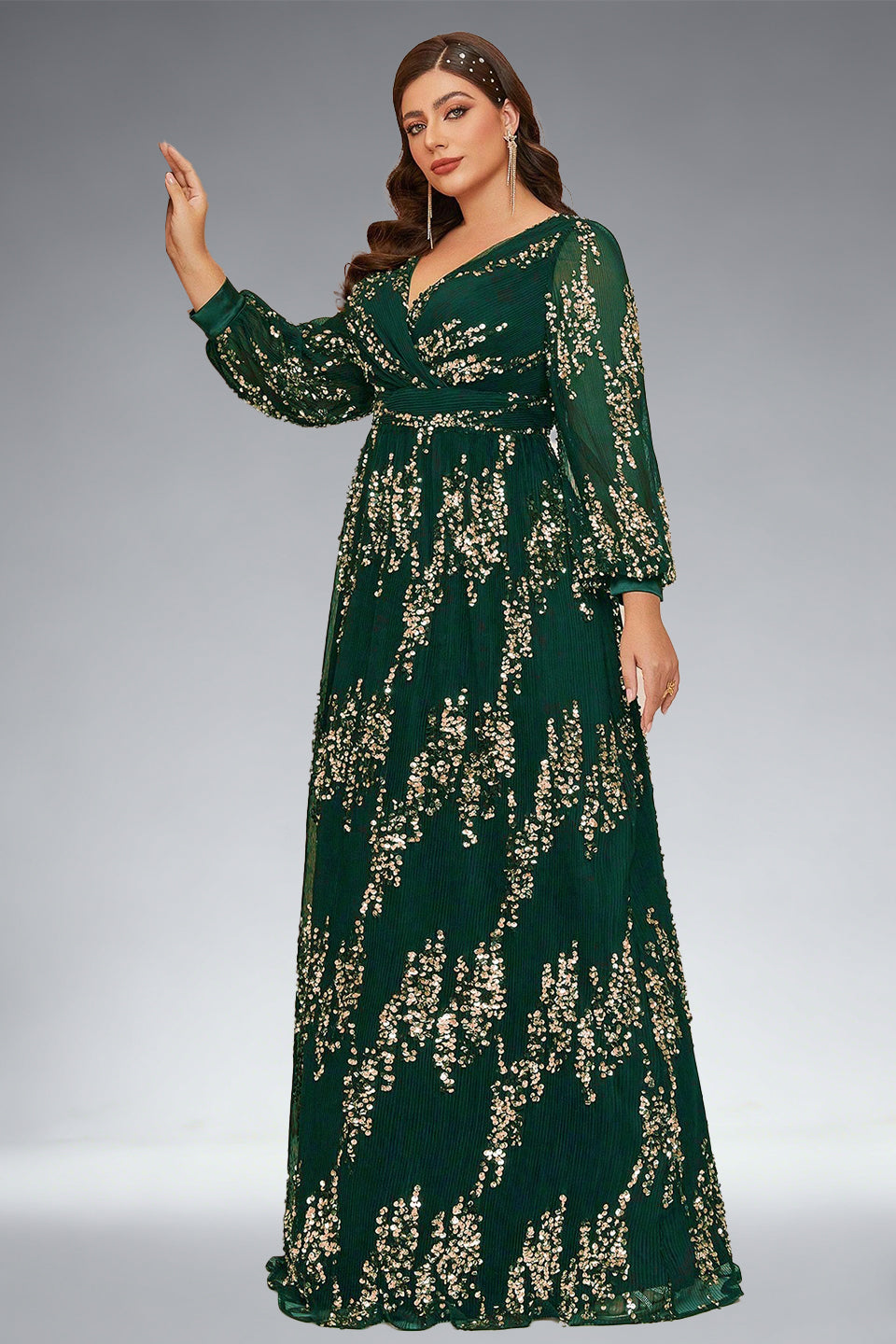 Curveins Plus Size Sequin V-Neck Lantern Sleeve Formal Party Maxi Dress