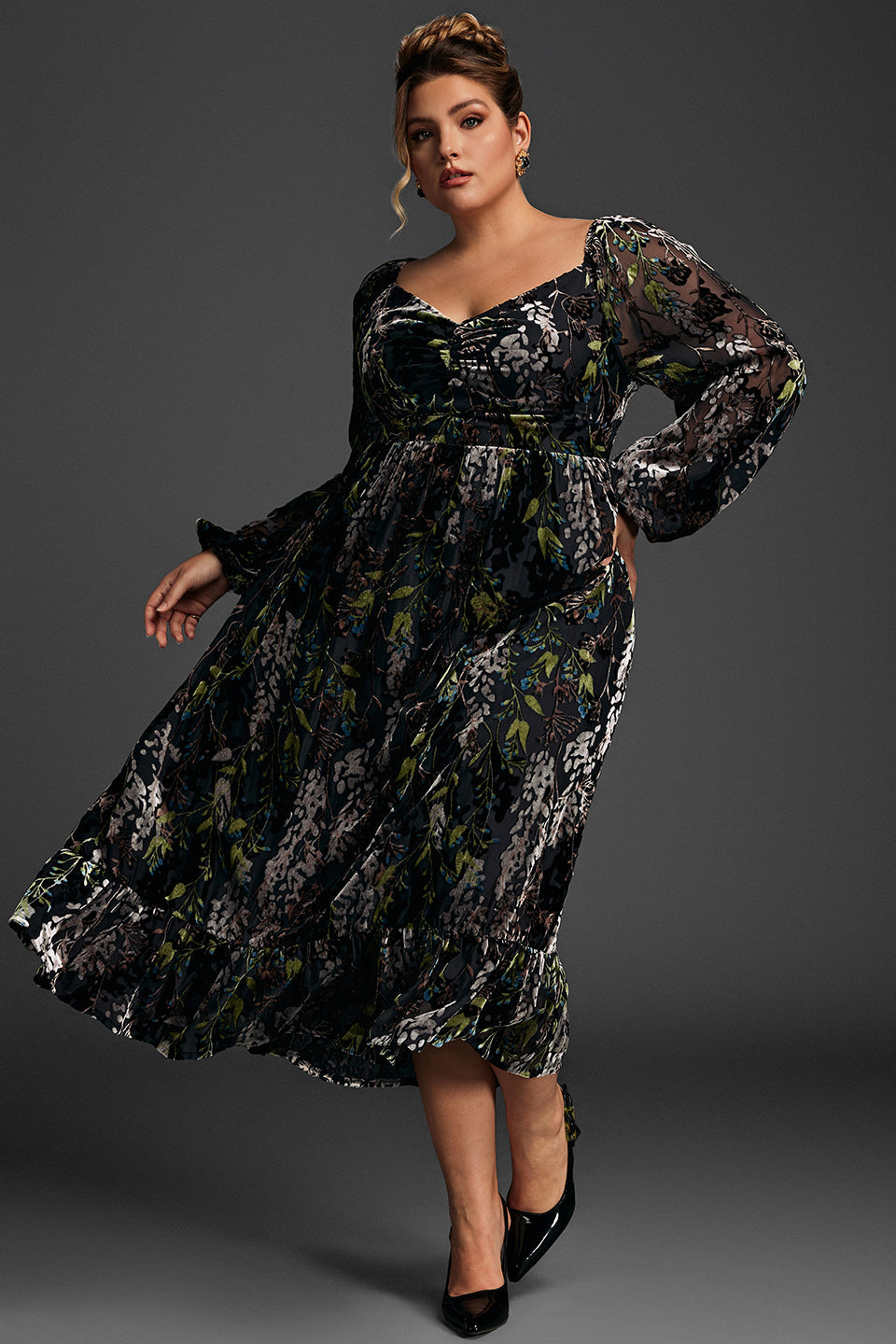 Curveins Plus Size Velvet Draped Collar Embroidered Ruched Long Dress