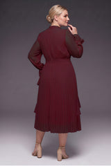 Curveins Plus Size Long Sleeve Ruffle Detail Pleated Asymmetrical Hem Midi Dress