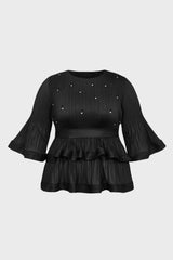 Curveins Plus Size Crew Neck Long Sleeve Ruffle Tiered Skirt Set