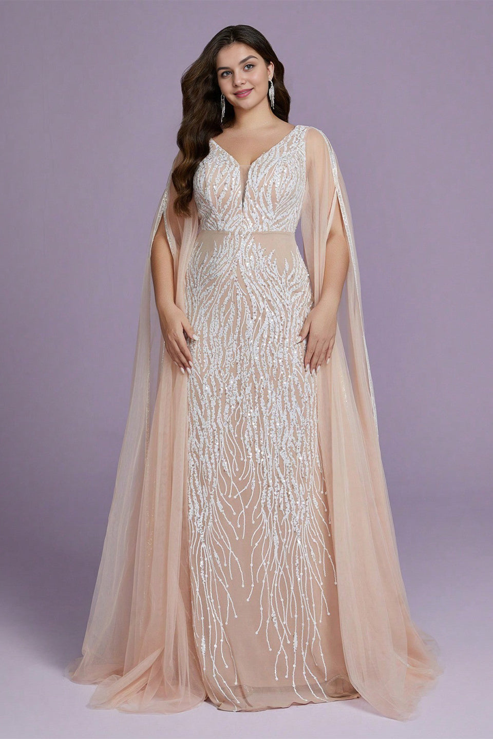 Curveins Plus Size V-Neck Sequin Maxi Dress with Cape Sleeves