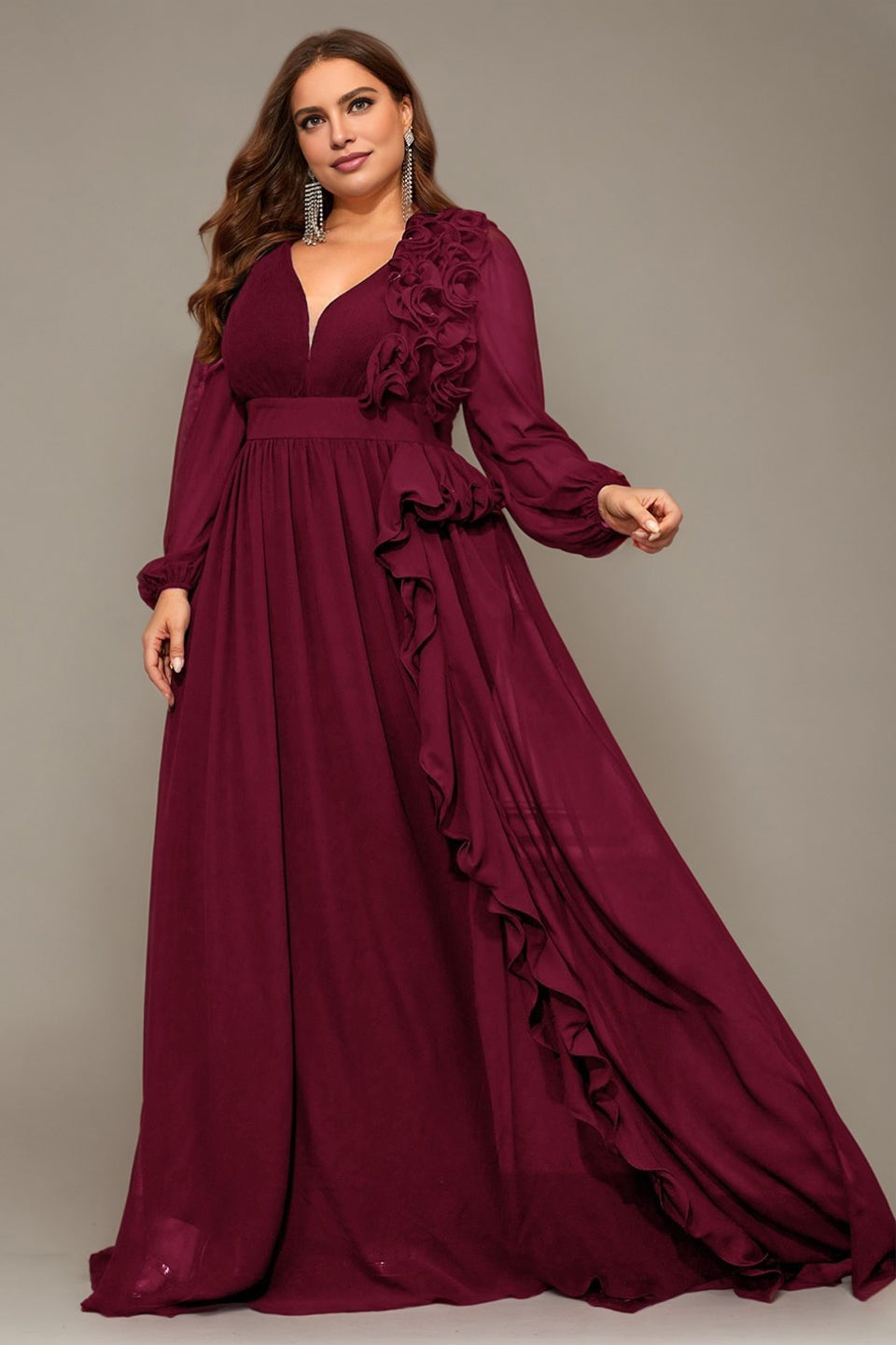 Curveins Plus Size V-Neck Chiffon Maxi Dress with Floral Lantern Sleeves