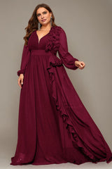 Curveins Plus Size V-Neck Chiffon Maxi Dress with Floral Lantern Sleeves