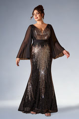 Curveins Plus Size Sparkling V-Neck Batwing Long-Sleeve Curve-Fit Maxi Dress
