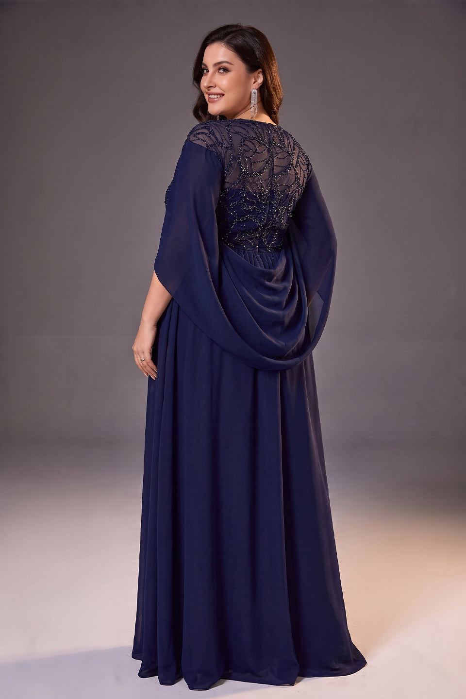 Curveins Plus Size Crew Neck Cape Sleeve Panelled Elegant Flowy Maxi Dress