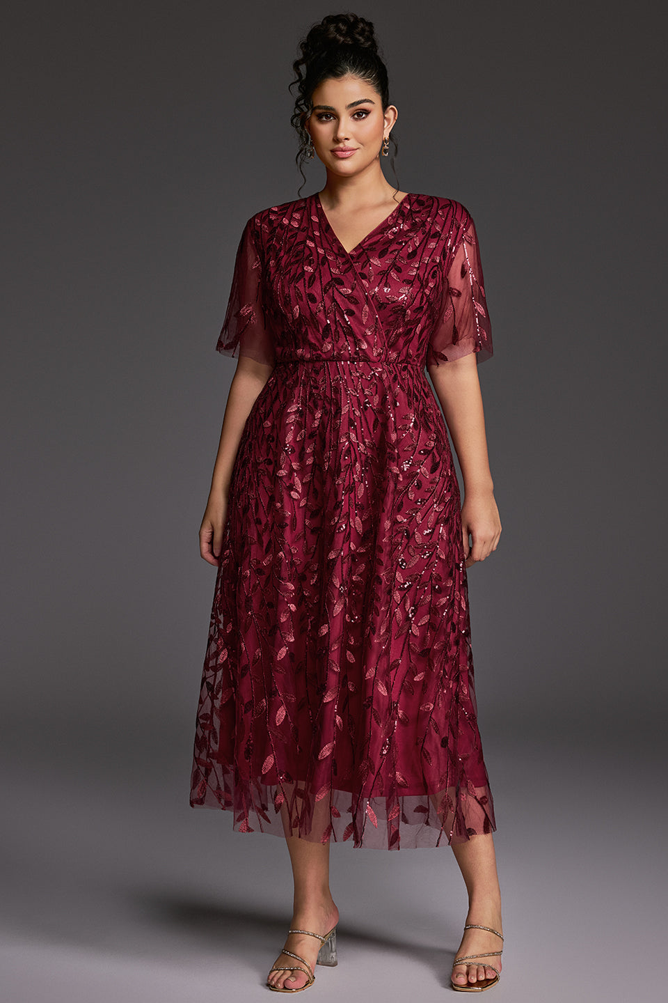 Curveins Plus Size V-Neck Ruffle Sleeve Embroidered Maxi Dress
