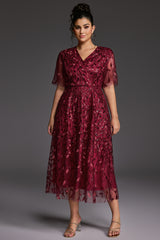 Curveins Plus Size V-Neck Ruffle Sleeve Embroidered Maxi Dress