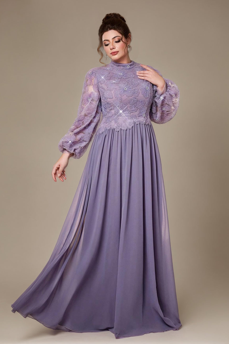 Curveins Plus Size High Neck Lantern Sleeve Embroidered Panel Maxi Dress