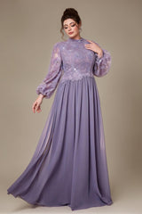 Curveins Plus Size High Neck Lantern Sleeve Embroidered Panel Maxi Dress