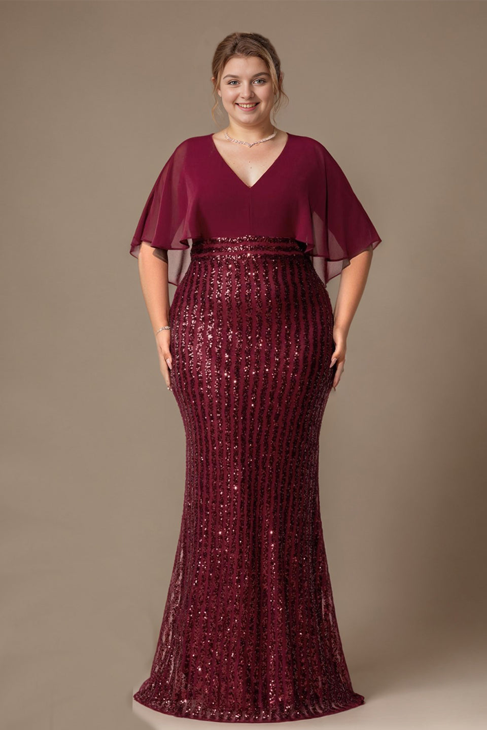 Curveins Elegant Plus Size V-Neck Cape Sleeve Sequin Bodycon Maxi Dress
