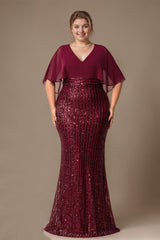 Curveins Elegant Plus Size V-Neck Cape Sleeve Sequin Bodycon Maxi Dress