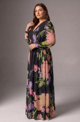 Curveins Plus Size V Neck Floral Long Sleeve Waist Tie Elegant Maxi Dress