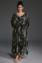 Curveins Plus Size Velvet Lantern Sleeve Plain Maxi Dress
