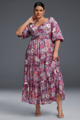Curveins Plus Size V-Neck Flower Print Pleated Maxi Dress
