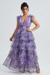 Curveins Plus Size V-Neck Sleeveless Floral Tiered Maxi Dress with Decorative Shoulder Detail