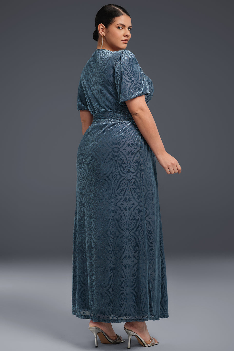 Curveins Plus Size V-Neck Velvet Plain Maxi Dress