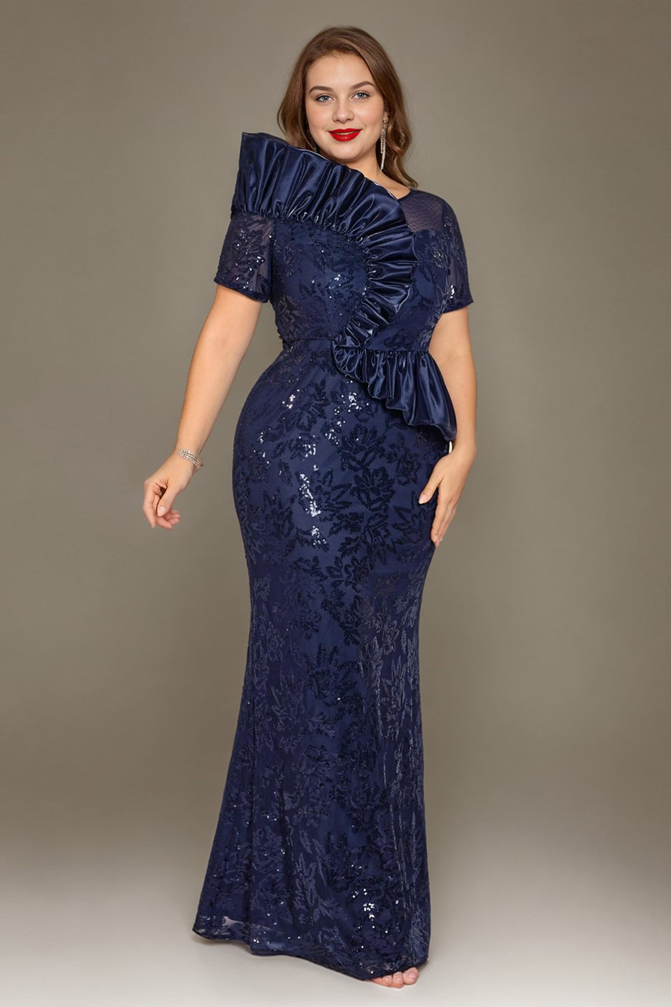 Curveins Plus Size Short Sleeve Bodycon Sequin Floral Pattern Maxi Dress