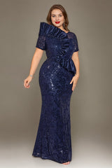 Curveins Plus Size Short Sleeve Bodycon Sequin Floral Pattern Maxi Dress