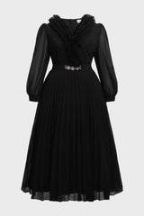 Curveins Plus Size Elegant Black V-Neck Pleated Maxi Dress with Crystal Belt