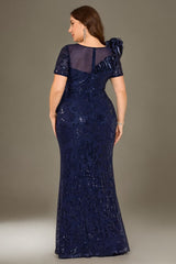 Curveins Plus Size Short Sleeve Bodycon Sequin Floral Pattern Maxi Dress