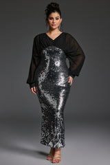 Curveins Plus Size V-Neck Puff Sleeve Patchwork Sequin Bodycon Maxi Dress