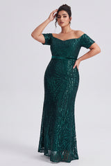 Curveins Plus Size Off Shoulder Striped Sequin Cinched Waist Evening Maxi Dress