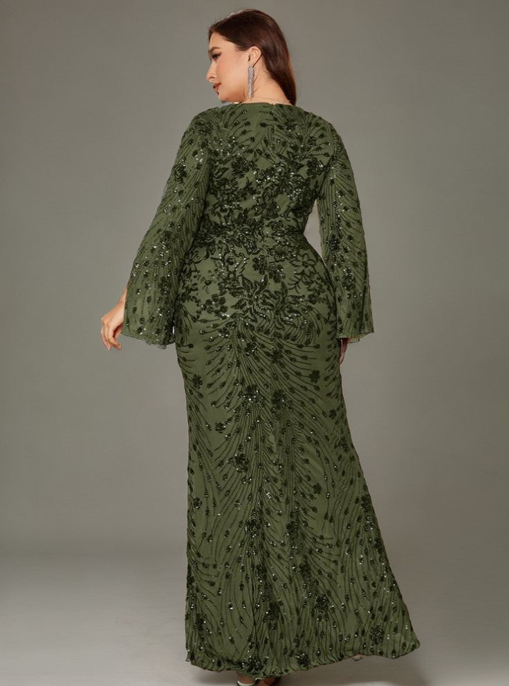 Curveins Plus Size V-Neck Long Sleeves Sequin Floral Bodycon Maxi Dress