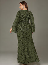 Curveins Plus Size V-Neck Long Sleeves Sequin Floral Bodycon Maxi Dress