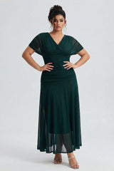 Curveins Plus Size V Neck Batwing Sleeve Cinched Waist Maxi Dress