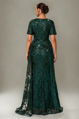 Curveins Plus Size V-Neck Batwing Sleeve Sequin Detail Maxi Dress with Side Train