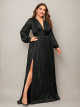 Curveins Plus Size V-Neck Lantern Sleeve Slit Hem Maxi Dress