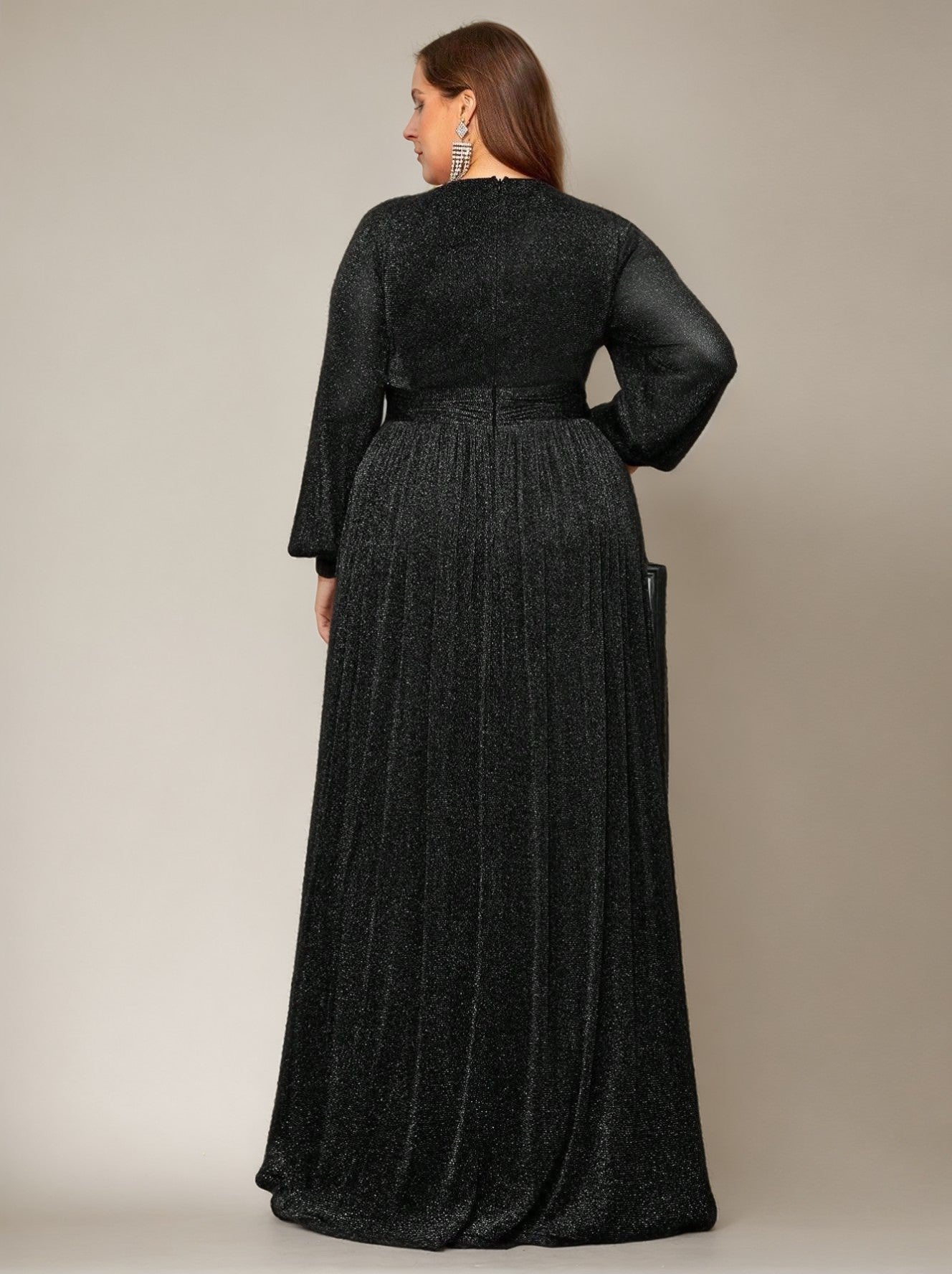 Curveins Plus Size V-Neck Lantern Sleeve Slit Hem Maxi Dress