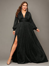 Curveins Plus Size V-Neck Lantern Sleeve Slit Hem Maxi Dress