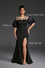 Curveins Plus Size Patchwork Round Neck Puff Sleeve Slit Bodycon Maxi Dress