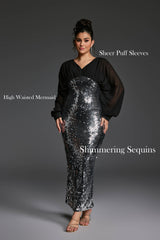 Curveins Plus Size V-Neck Puff Sleeve Patchwork Sequin Bodycon Maxi Dress
