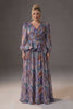 Curveins Plus Size V Neck Floral Long Sleeve Ruched Waist Elegant Maxi Dress
