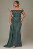 Curveins Plus Size Off Shoulder Sequin Waist Tie Elegant Evening Maxi Dress
