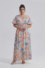 Curveins Plus Size V Neck Puff Sleeve Floral Pattern Elegant Flowing Maxi Dress