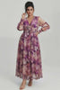 Curveins Plus Size V Neck Long Sleeve Floral Waist Maxi Dress