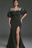 Curveins Plus Size Patchwork Round Neck Puff Sleeve Slit Bodycon Maxi Dress