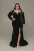 Curveins Plus Size V-Neck Long Sleeve Split Bodycon Maxi Dress