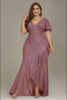 Curveins Plus Size V-Neck Short Sleeve Sequin Ruffle Slit Evening Gown