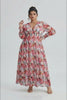 Curveins Plus Size V Neck Long Sleeve Floral Waist Maxi Dress