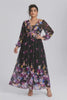 Curveins Plus Size V Neck Floral Long Sleeve Flowy Elegant Casual Maxi Dress