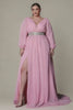Curveins Plus Size V-Neck Long Sleeve Waist Slim Split Maxi Dress